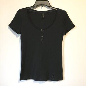 M&S Black Baby Tee Novelty Button Crop Top 90s Minimalist Marks & Spencer